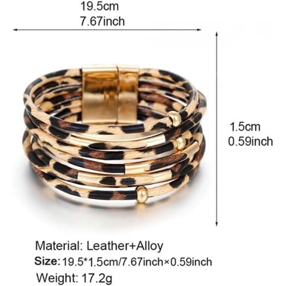 Boho Leather Wrap Bracelet for Women – Multi-Layer Leopard Print - Picture 4 of 7